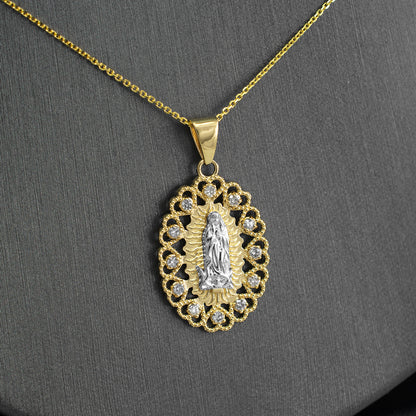 Gold Virgin Mary Our Lady of Guadalupe Filigree CZ Pendant Necklace Karma Blingz