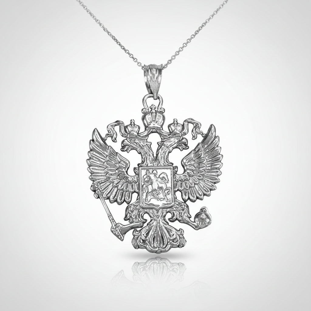 Sterling Silver Russian Coat of Arms Double-Headed Eagle Pendant Necklace Karma Blingz