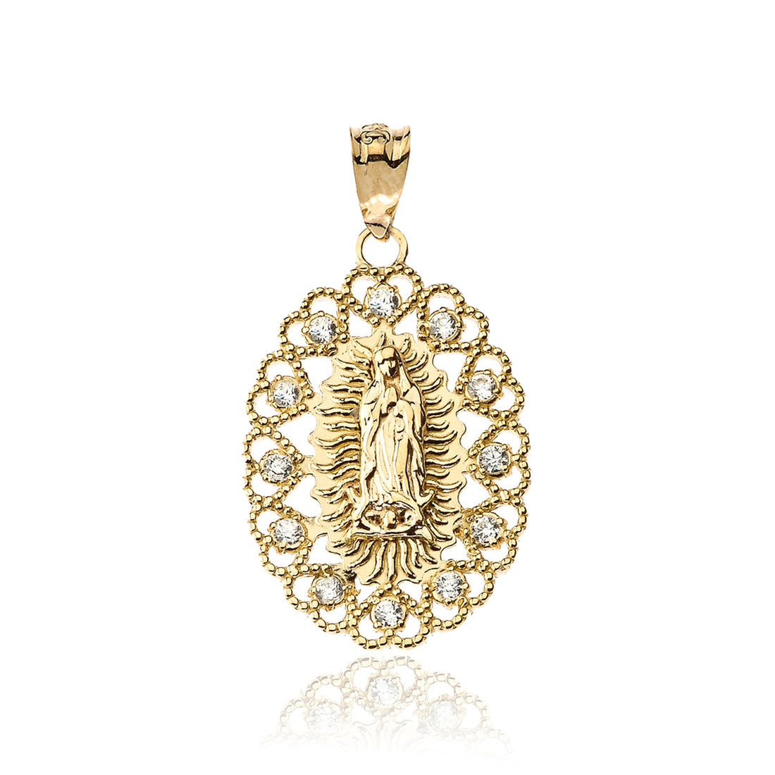 Gold Virgin Mary Our Lady of Guadalupe Filigree CZ Pendant Necklace Karma Blingz