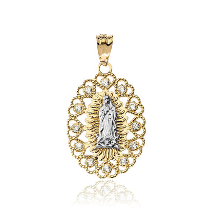 Gold Virgin Mary Our Lady of Guadalupe Filigree CZ Pendant Necklace Karma Blingz