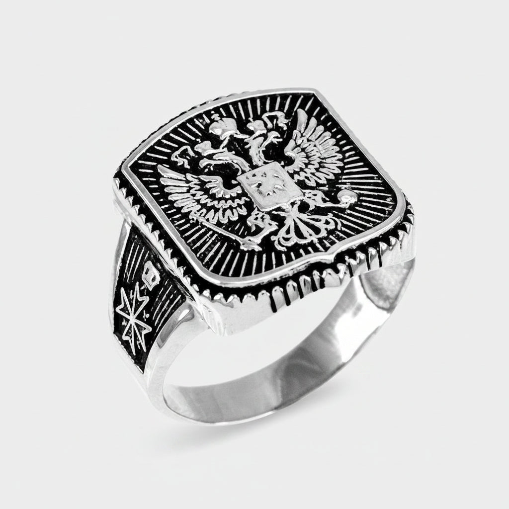 Sterling Silver Russian Imperial Crest Mens Orthodox Cross Ring Karma Blingz