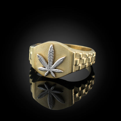 Gold Marijuana Weed Leaf Mens Watchband Ring Karma Blingz