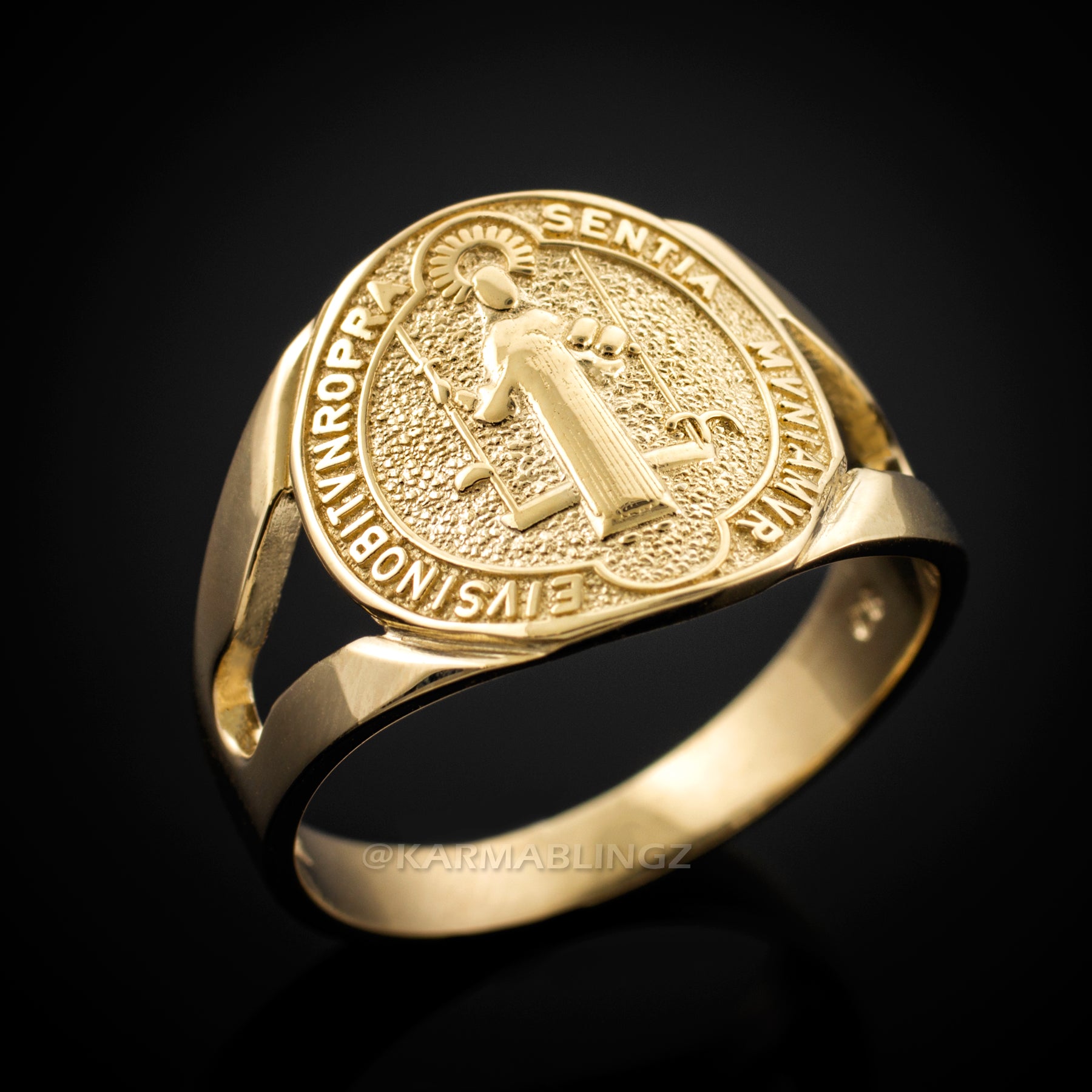 Yellow Gold Saint Benedict Medallion Womens Ring Karma Blingz