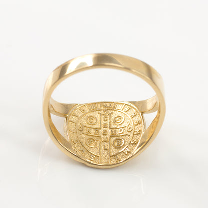 Yellow Gold Saint Benedict Medallion Womens Ring Karma Blingz