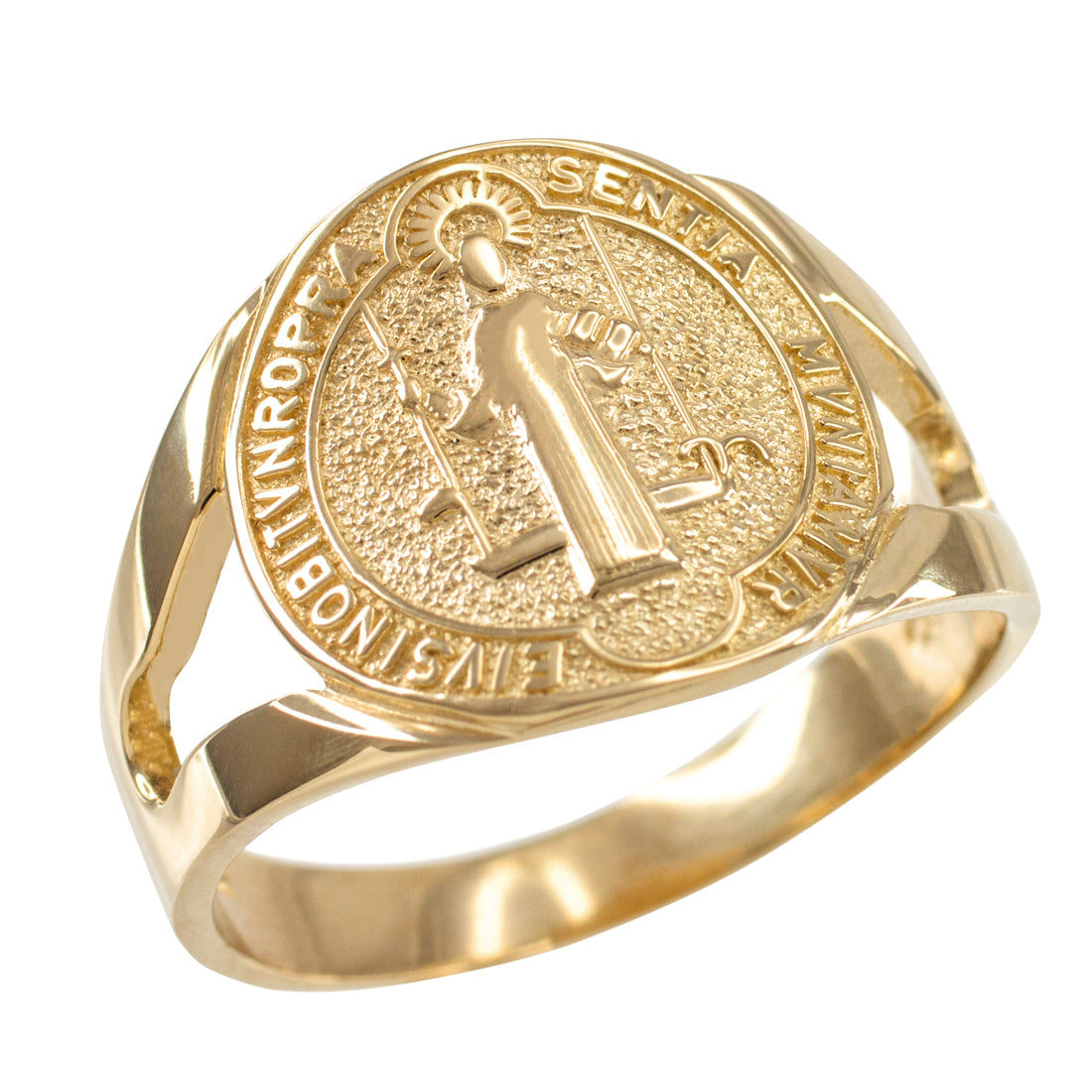 Yellow Gold Saint Benedict Medallion Womens Ring Karma Blingz