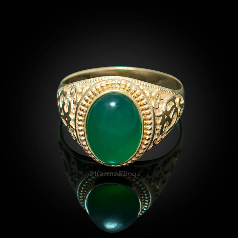 Gold Om Oval Cabochon Green Onyx Gemstone Mens Yoga Ring Karma Blingz