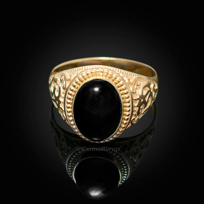 Gold Om Oval Cabochon Black Onyx Gemstone Mens Yoga Ring Karma Blingz