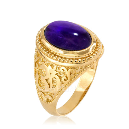 Gold Om (Aum) Mantra Oval Amethyst Cabochon Yoga Ring Karma Blingz