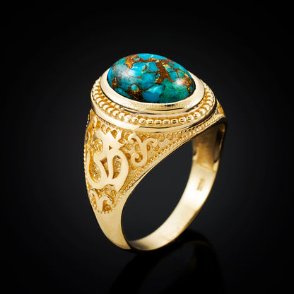 Gold Om Blue Copper Turquoise Oval Yoga Ring Karma Blingz