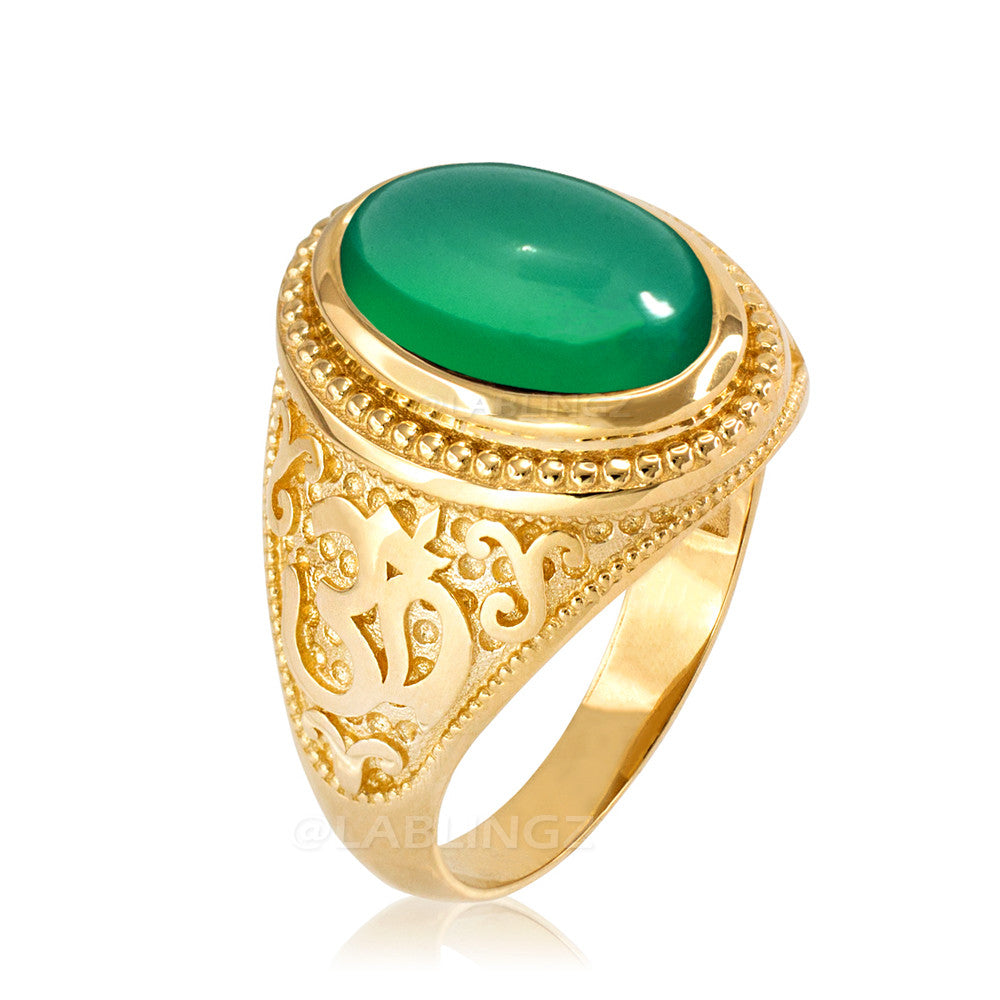 Gold Om Oval Cabochon Green Onyx Gemstone Mens Yoga Ring Karma Blingz