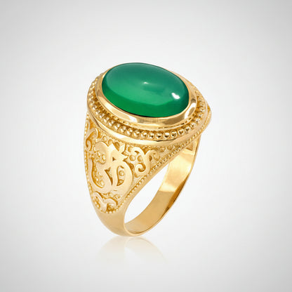 Gold Om Oval Cabochon Green Onyx Gemstone Mens Yoga Ring Karma Blingz