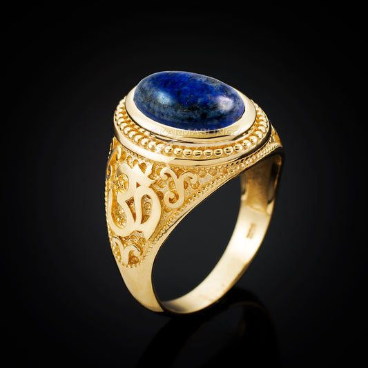 Gold Om (Aum) Oval Lapis Lazuli Yoga Ring Karma Blingz