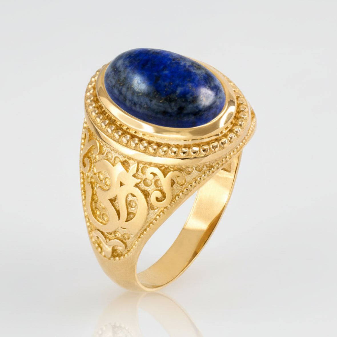 Gold Om (Aum) Oval Lapis Lazuli Yoga Ring Karma Blingz