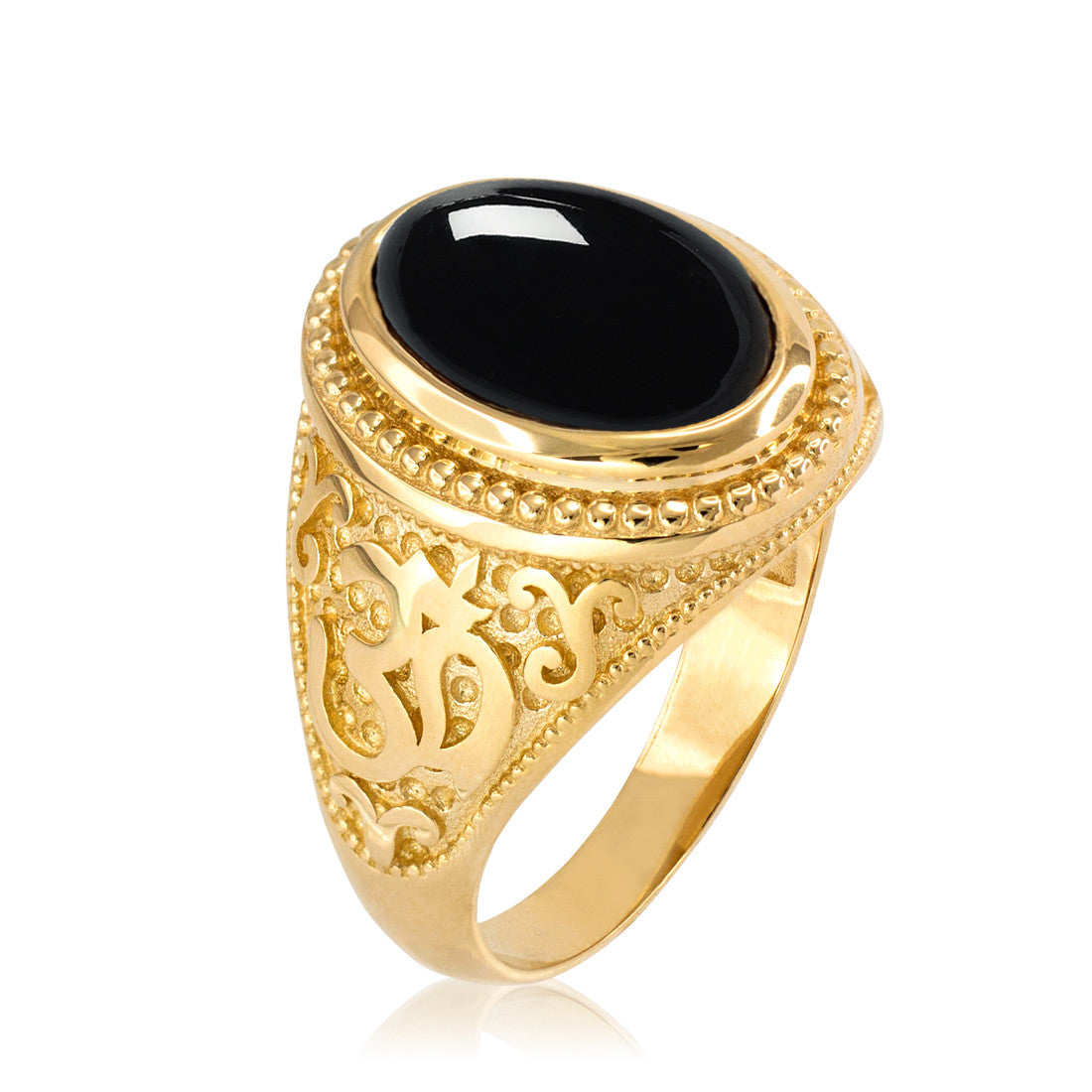 Gold Om Oval Cabochon Black Onyx Gemstone Mens Yoga Ring Karma Blingz