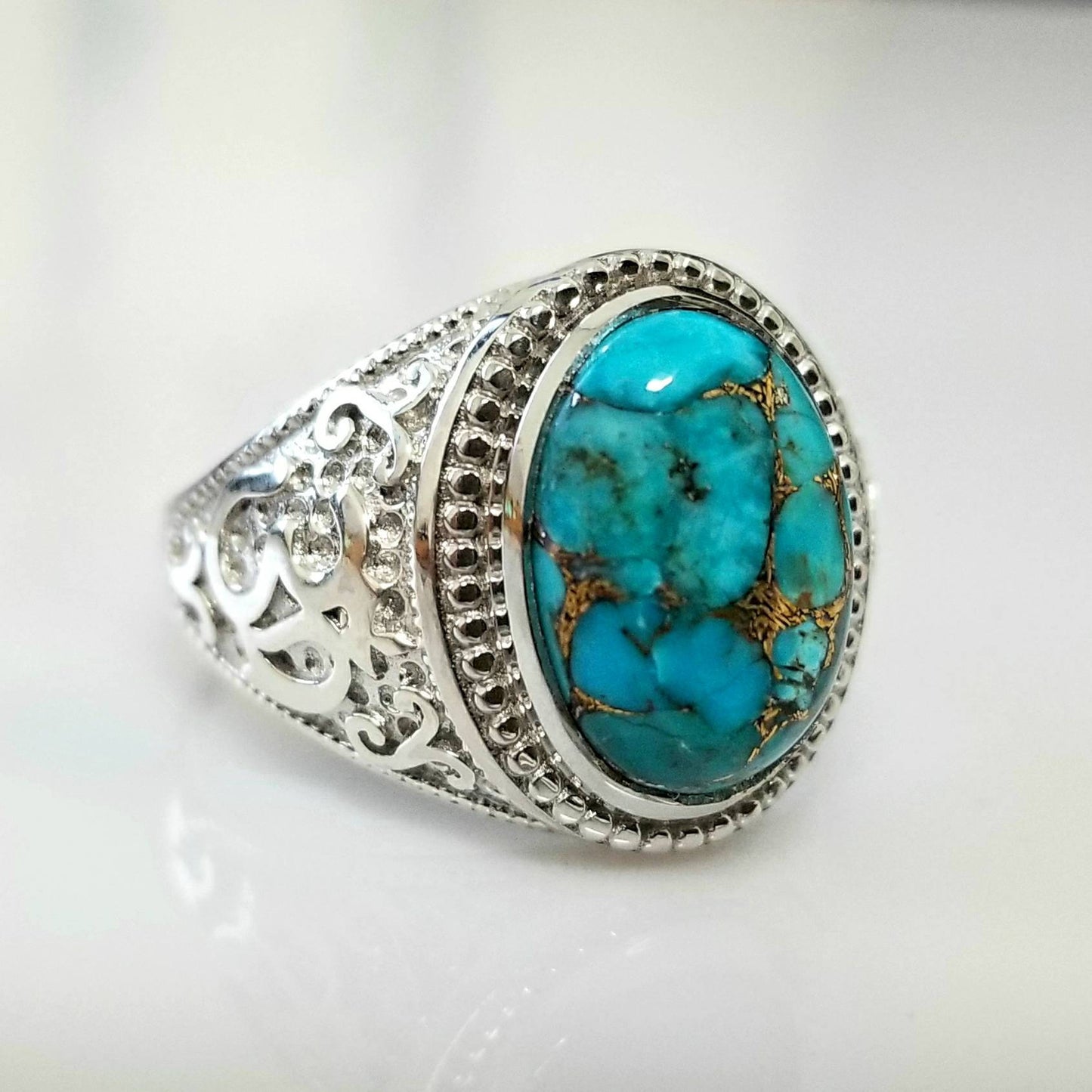 Sterling Silver Om (Aum) Mantra Ring with Blue Copper Turquoise Karma Blingz