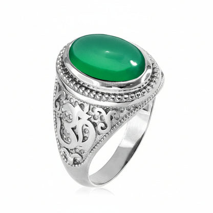 Sterling Silver Om (Aum) Green Onyx Oval Gemstone Statement Ring Karma Blingz