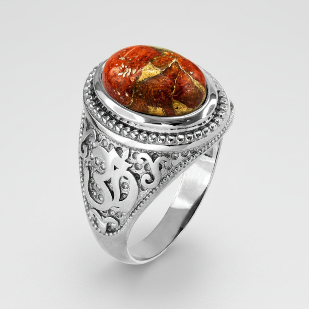 Sterling Silver Om (aum) Orange Copper Turquoise Gemstone Ring Karma Blingz