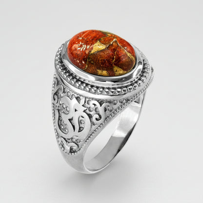 Sterling Silver Om (aum) Orange Copper Turquoise Gemstone Ring Karma Blingz