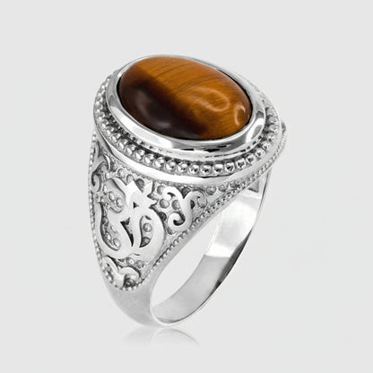 Sterling Silver Om Oval Tiger Eye Cabochon Yoga Ring Karma Blingz