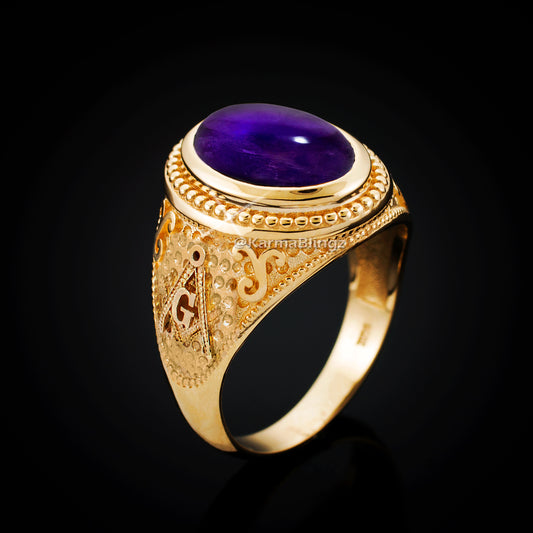 Gold Masonic Ring Purple Amethyst Cabochon Gemstone Statement Ring Karma Blingz