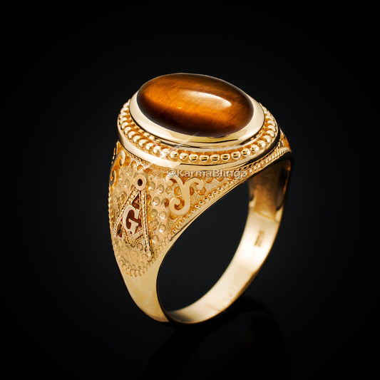 Gold Masonic Tiger Eye Gemstone Statement Ring Karma Blingz