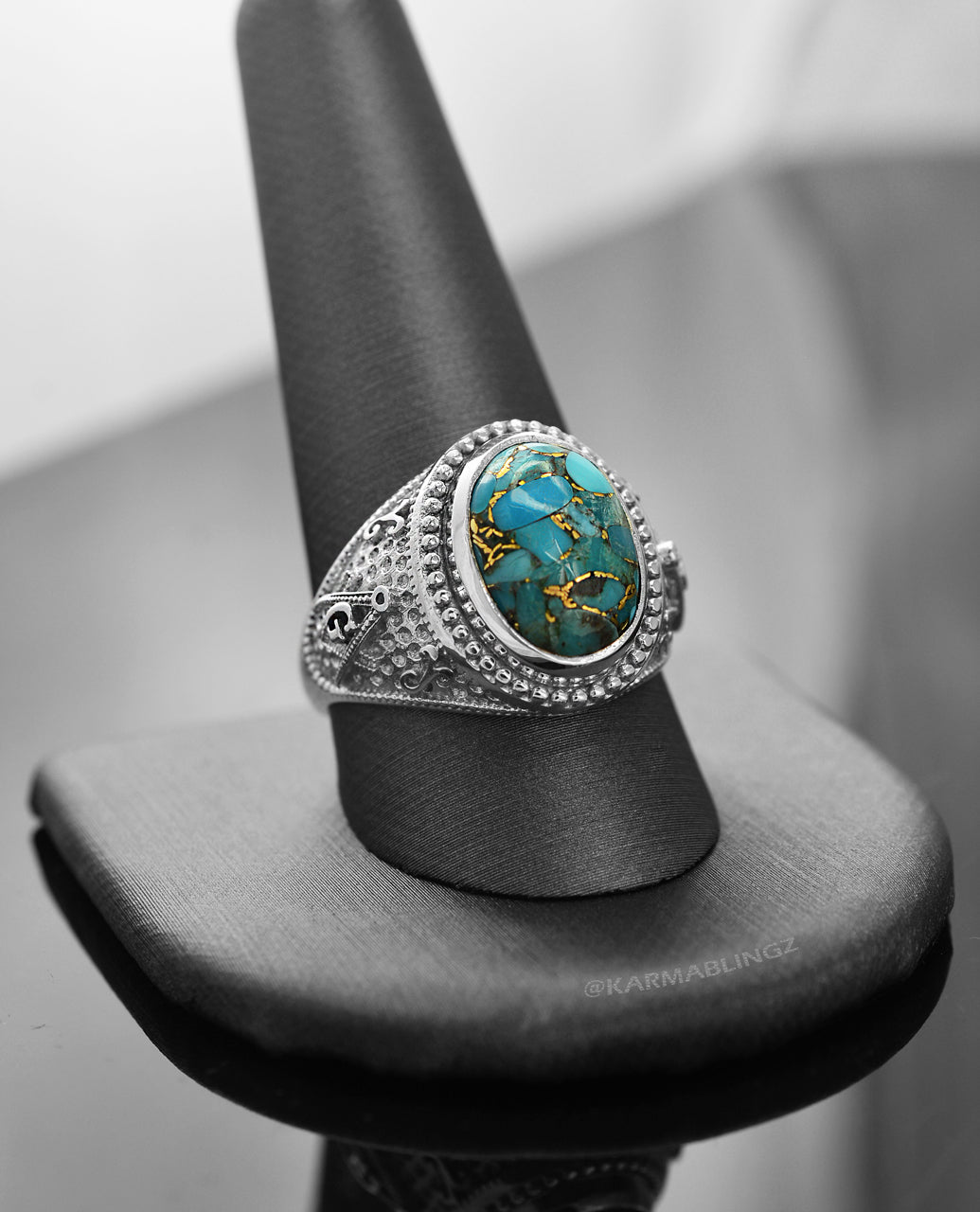 Sterling Silver Masonic Ring with Blue Copper Turquoise Karma Blingz