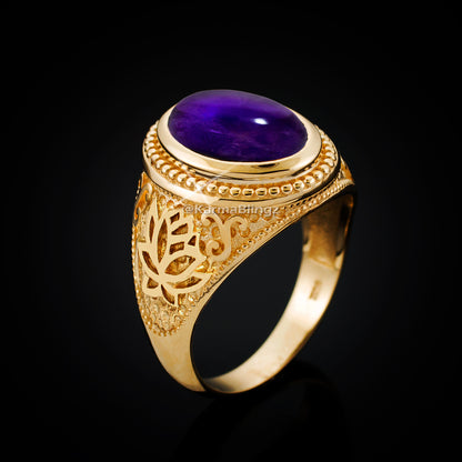 Gold Lotus Yoga Mantra Oval Amethyst Statement Ring Karma Blingz