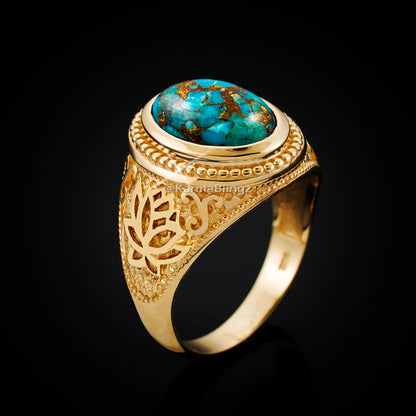 Gold Lotus Yoga Mantra Blue Copper Turquoise Gemstone Statement Ring Karma Blingz