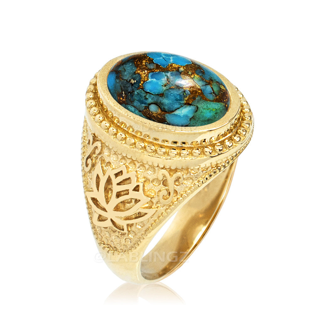 Gold Lotus Yoga Mantra Blue Copper Turquoise Gemstone Statement Ring Karma Blingz