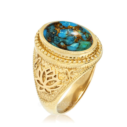 Gold Lotus Yoga Mantra Blue Copper Turquoise Gemstone Statement Ring Karma Blingz