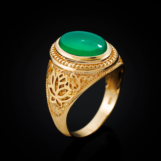 Gold Lotus Yoga Mantra Green Onyx Gemstone Statement Ring Karma Blingz