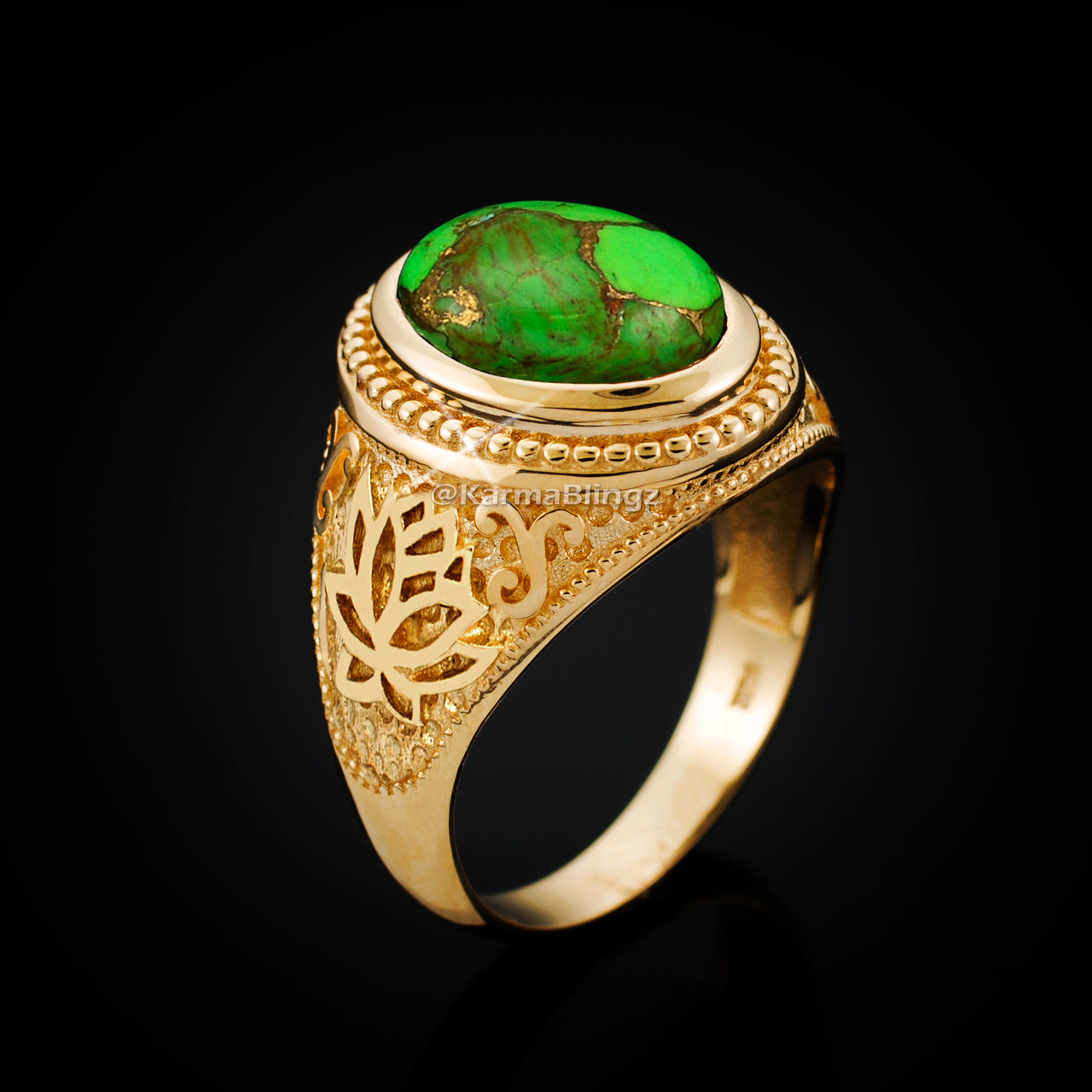 Gold Lotus Yoga Mantra Green Copper Turquoise Gemstone Statement Ring Karma Blingz