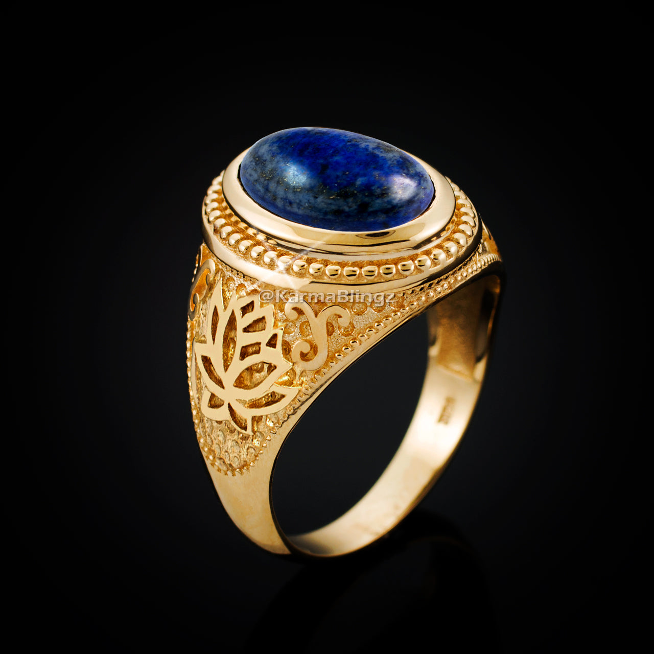 Gold Lotus Yoga Mantra Lapis Lazuli Gemstone Statement Ring Karma Blingz