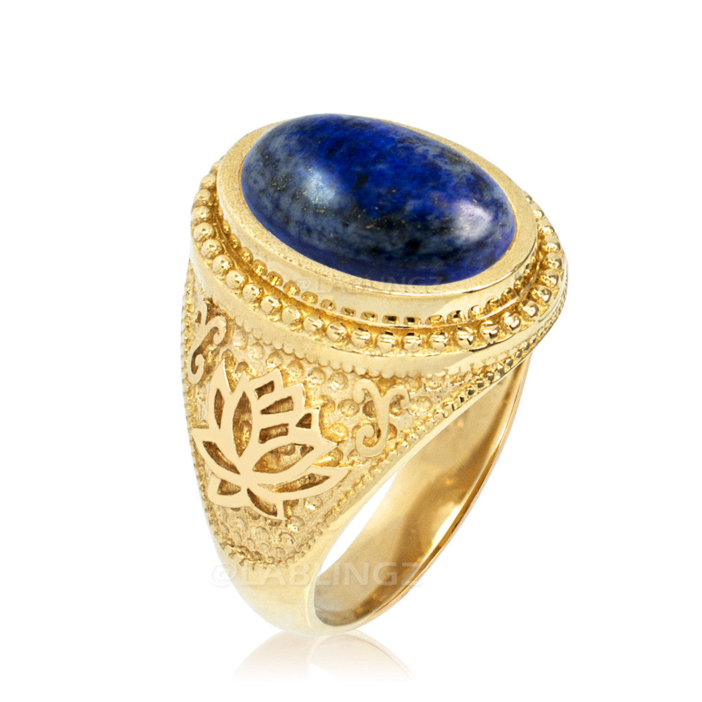 Gold Lotus Yoga Mantra Lapis Lazuli Gemstone Statement Ring Karma Blingz