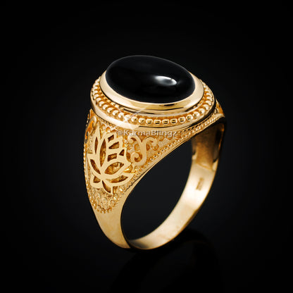 Gold Lotus Yoga Mantra Black Onyx Statement Ring Karma Blingz