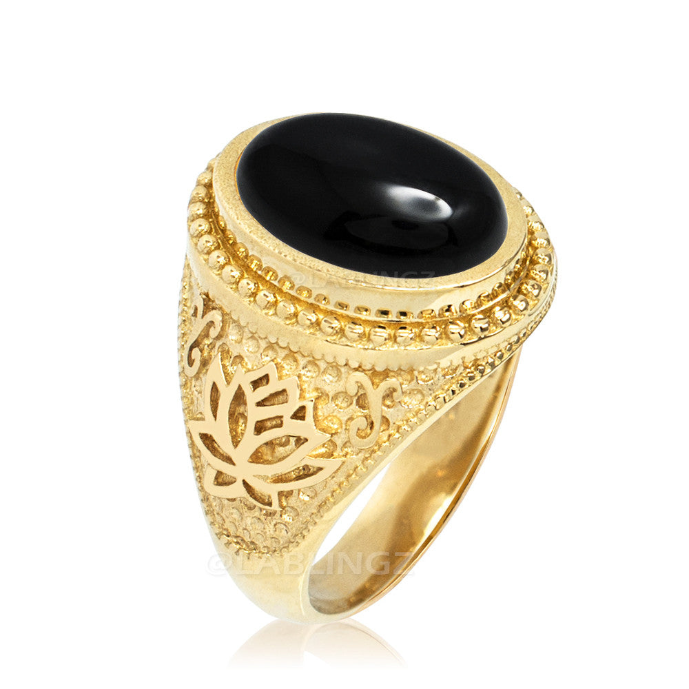 Gold Lotus Yoga Mantra Black Onyx Statement Ring Karma Blingz