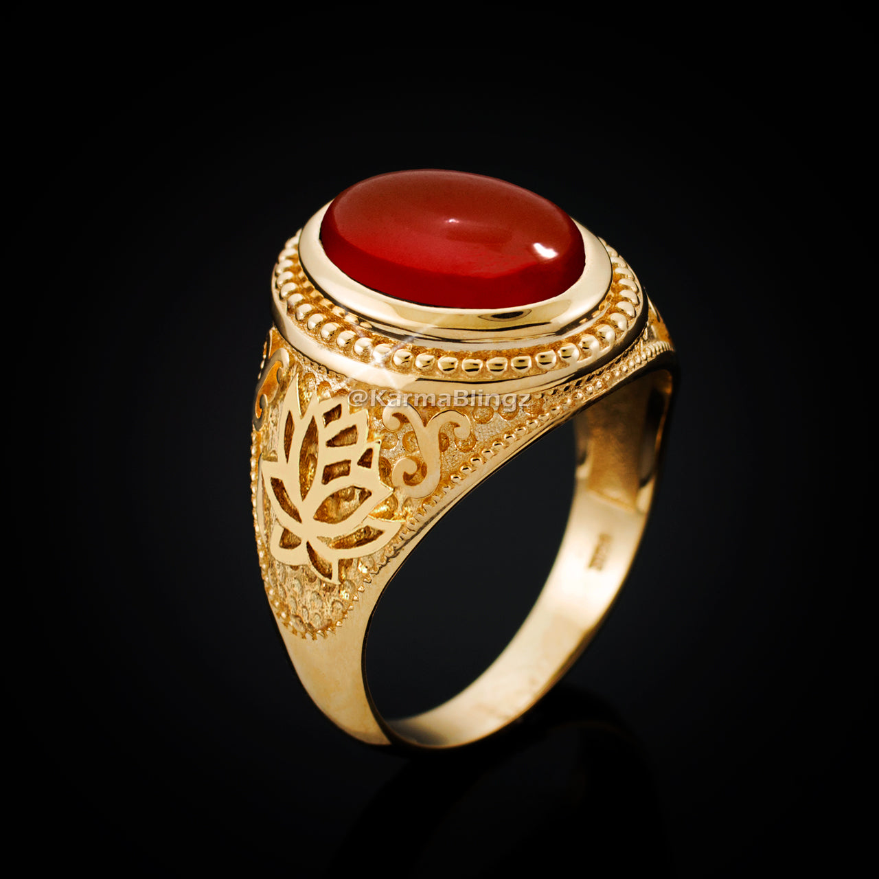 Gold Lotus Yoga Mantra Red Onyx Gemstone Statement Ring Karma Blingz
