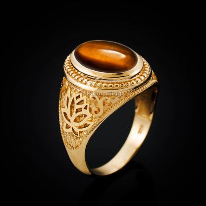 Gold Lotus Yoga Mantra Tiger Eye Gemstone Statement Ring Karma Blingz