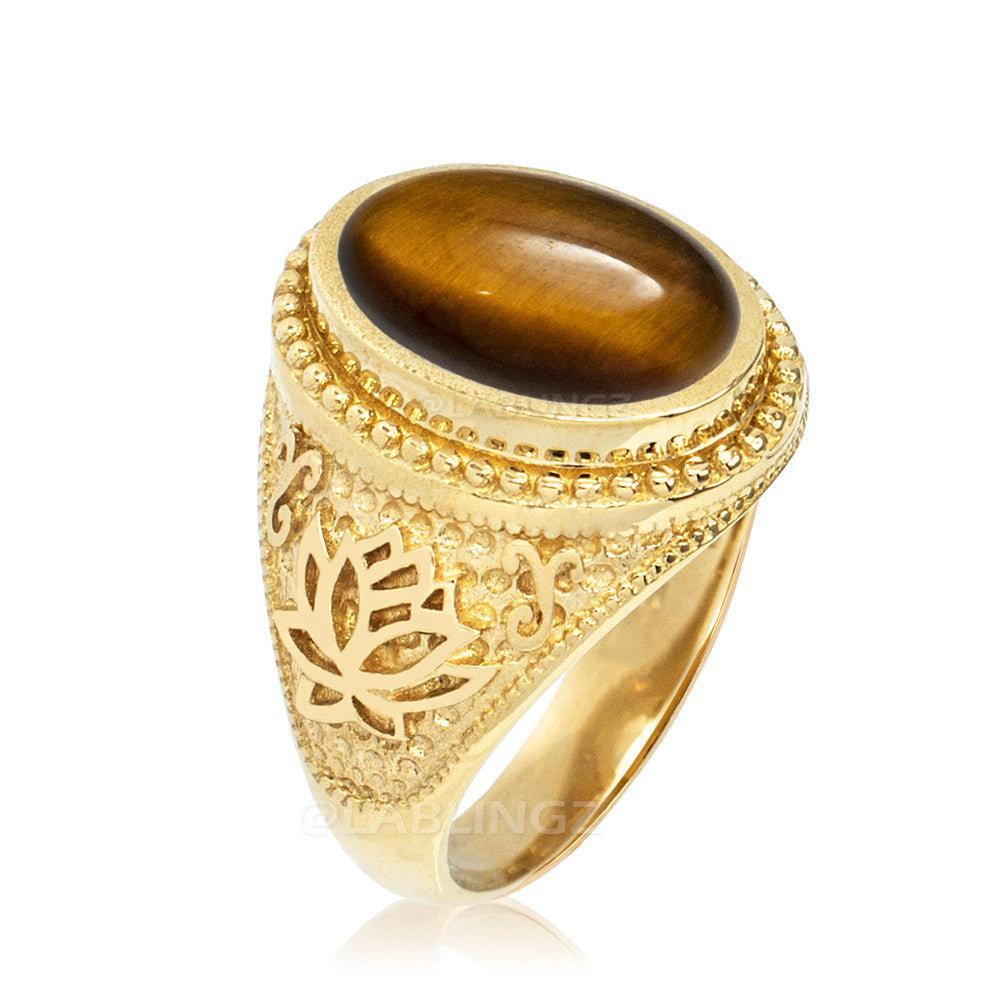 Gold Lotus Yoga Mantra Tiger Eye Gemstone Statement Ring Karma Blingz