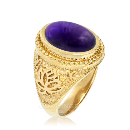 Gold Lotus Yoga Mantra Oval Amethyst Statement Ring Karma Blingz