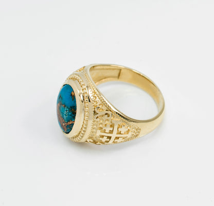 Gold Jerusalem Cross Blue Copper Turquoise Statement Ring Karma Blingz