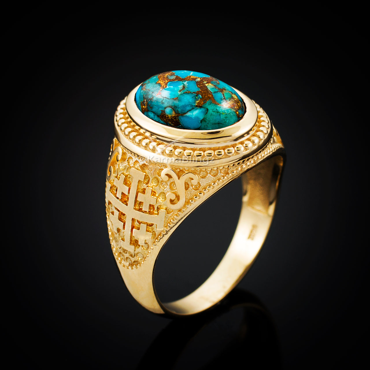 Gold Jerusalem Cross Blue Copper Turquoise Statement Ring Karma Blingz