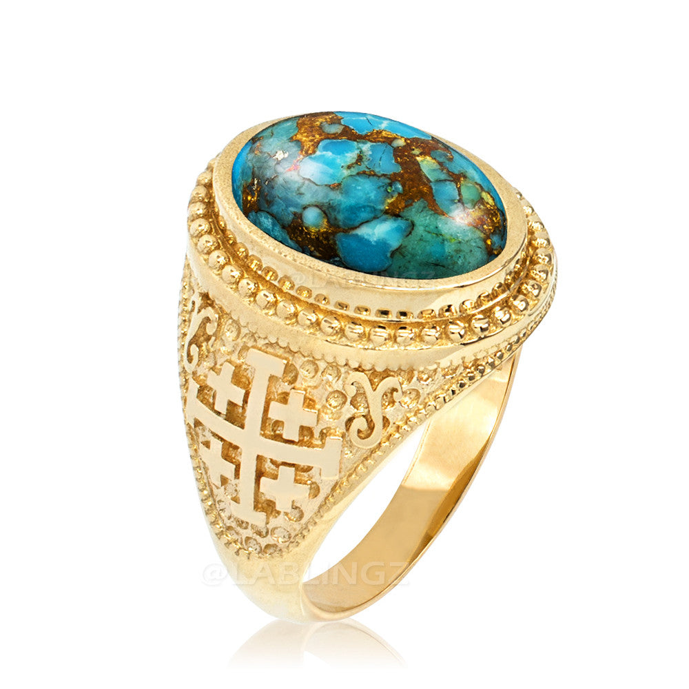 Gold Jerusalem Cross Blue Copper Turquoise Statement Ring Karma Blingz