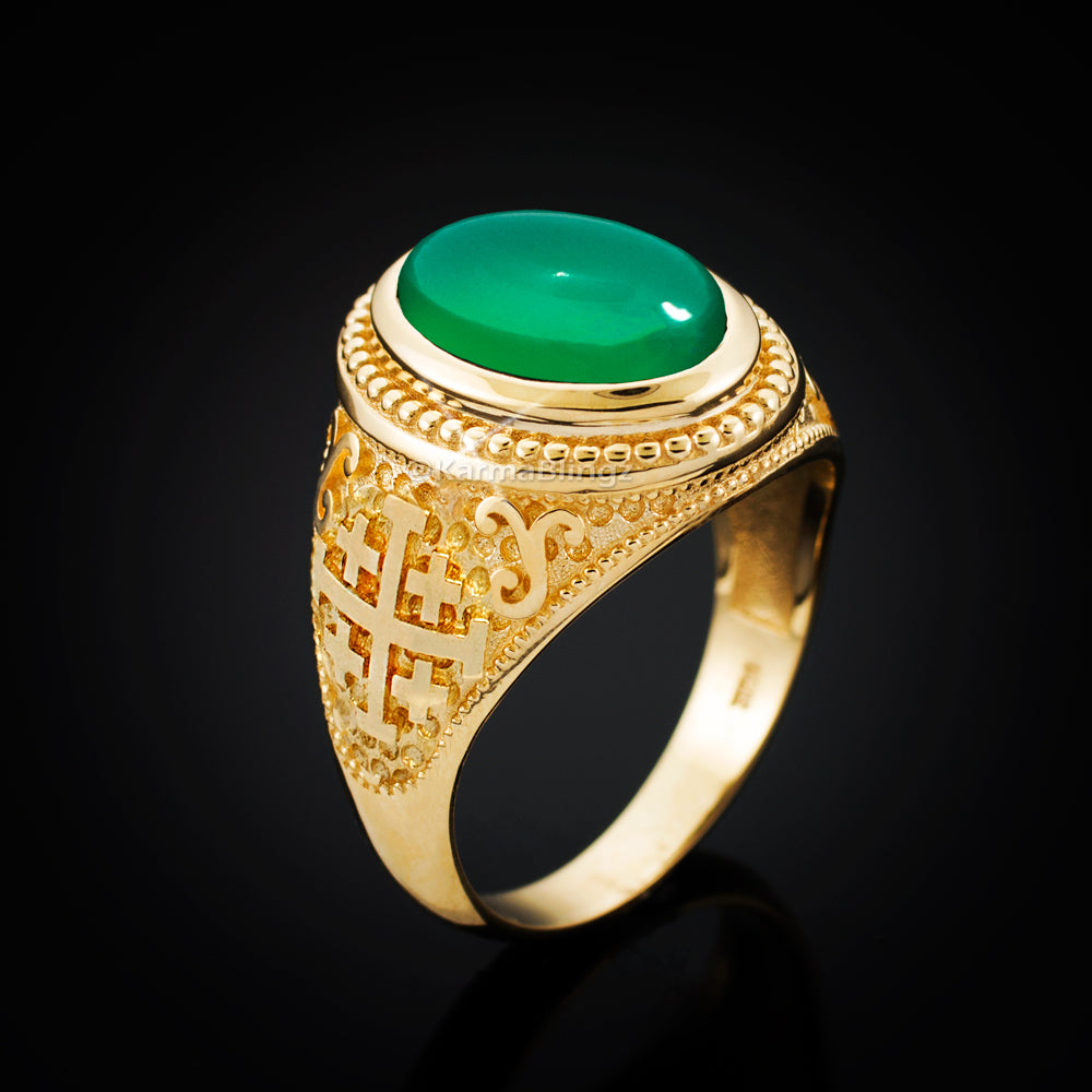 Gold Jerusalem Cross Green Onyx Gemstone Statement Ring Karma Blingz