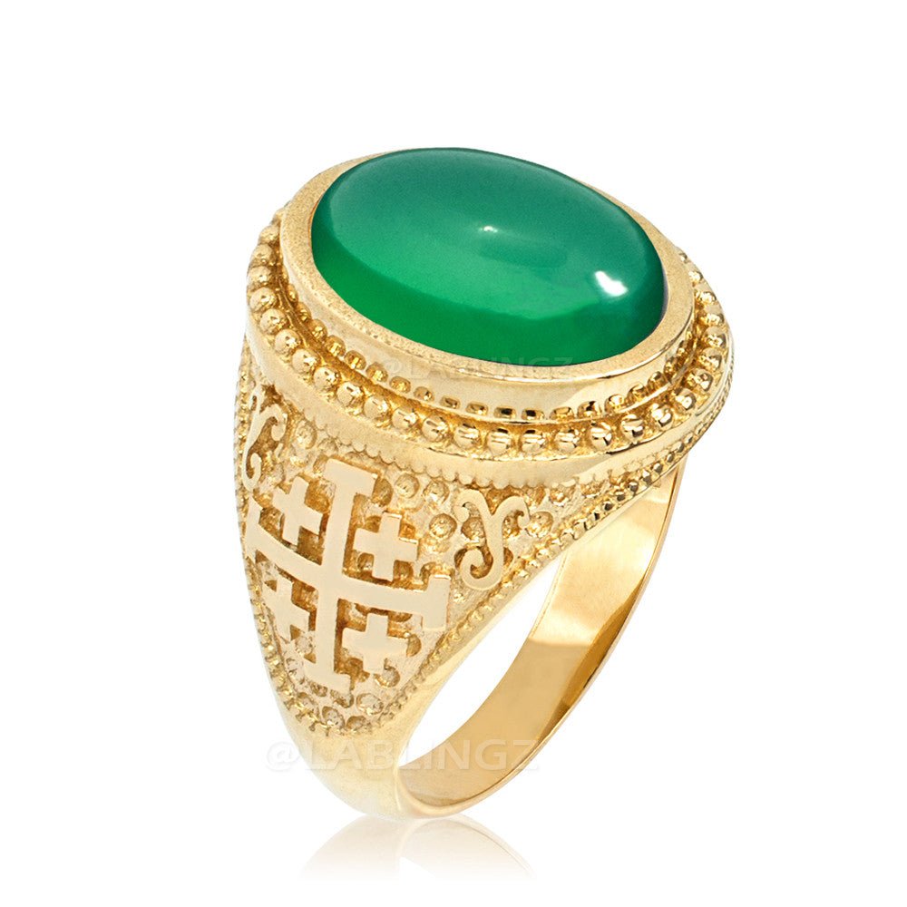 Gold Jerusalem Cross Green Onyx Gemstone Statement Ring Karma Blingz