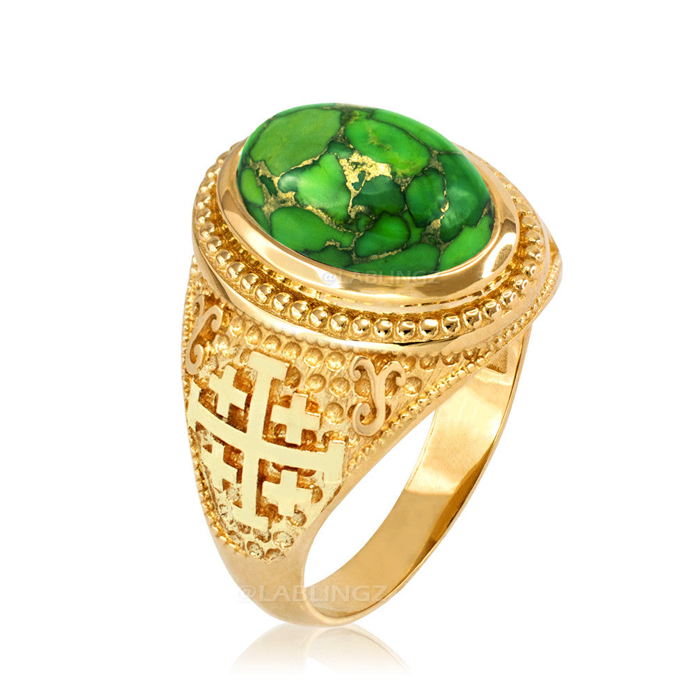 Gold Jerusalem Cross Green Copper Turquoise Ring Karma Blingz