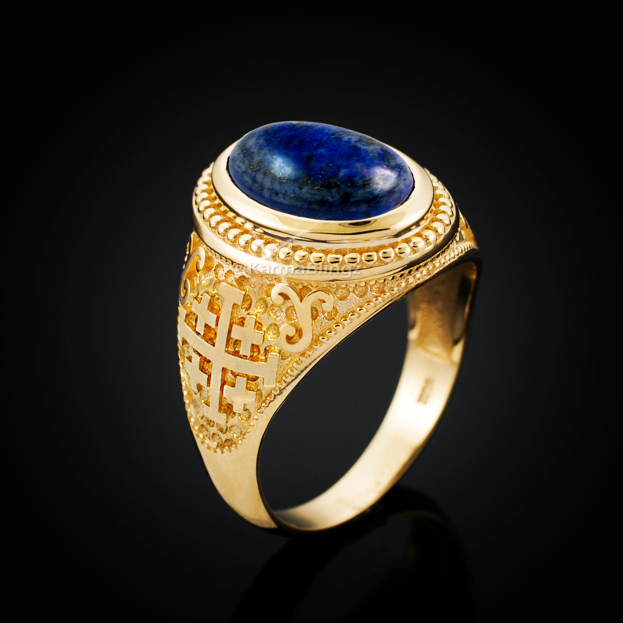 Gold Jerusalem Cross Lapis Lazuli Gemstone Statement Ring Karma Blingz