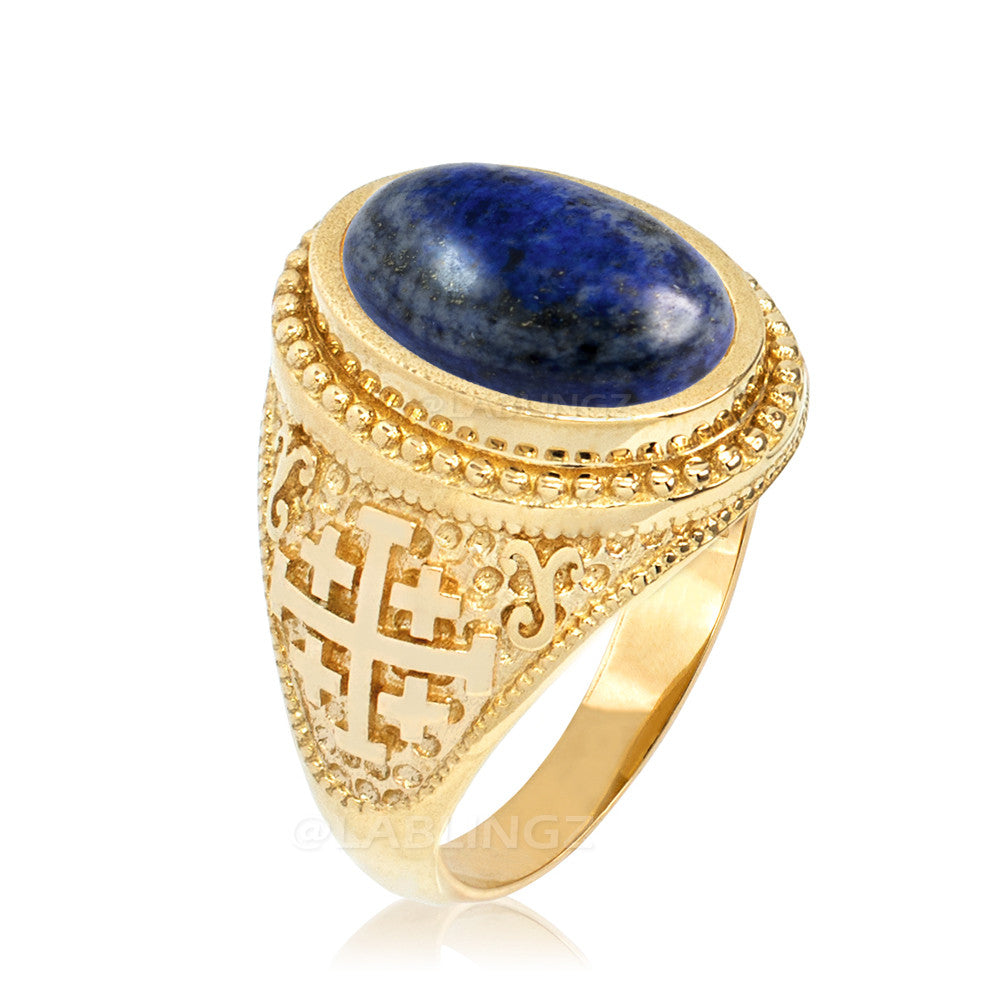 Gold Jerusalem Cross Lapis Lazuli Gemstone Statement Ring Karma Blingz