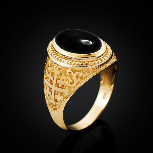 Gold Jerusalem Cross Black Onyx Gemstone Statement Ring Karma Blingz