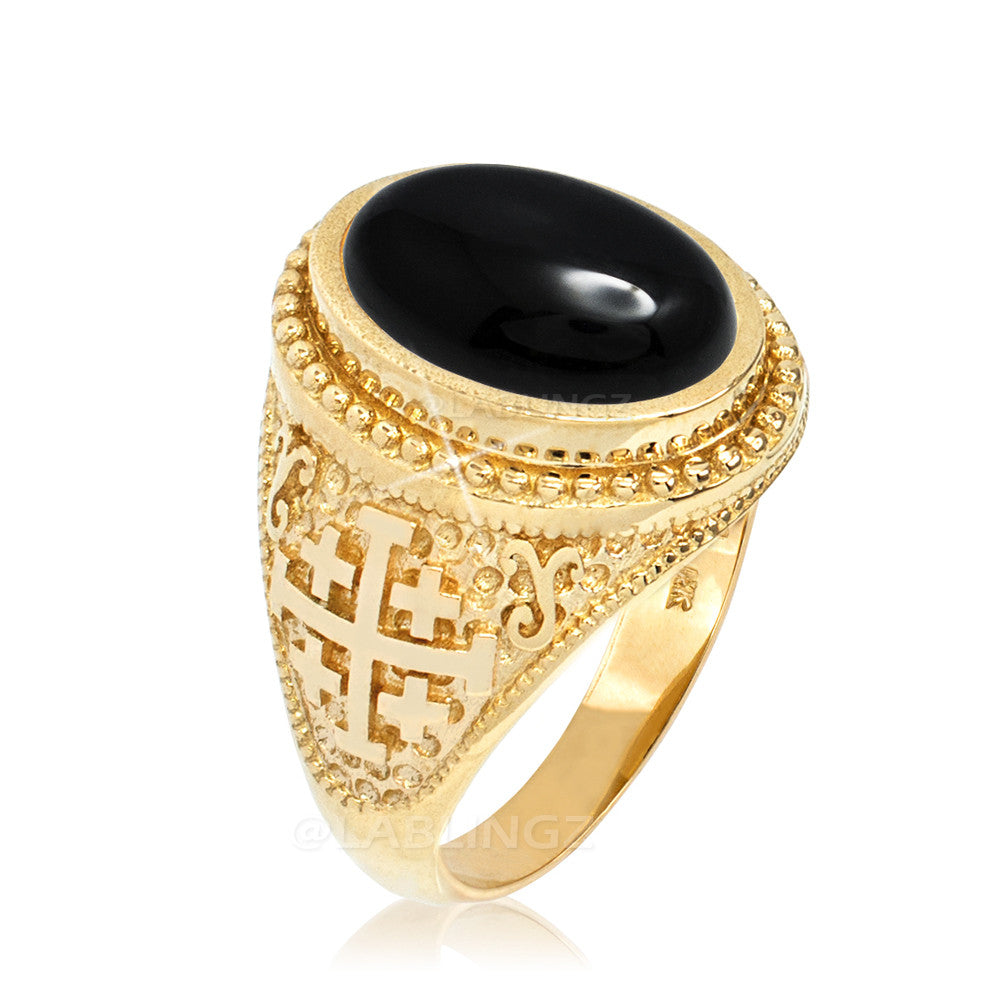 Gold Jerusalem Cross Black Onyx Gemstone Statement Ring Karma Blingz